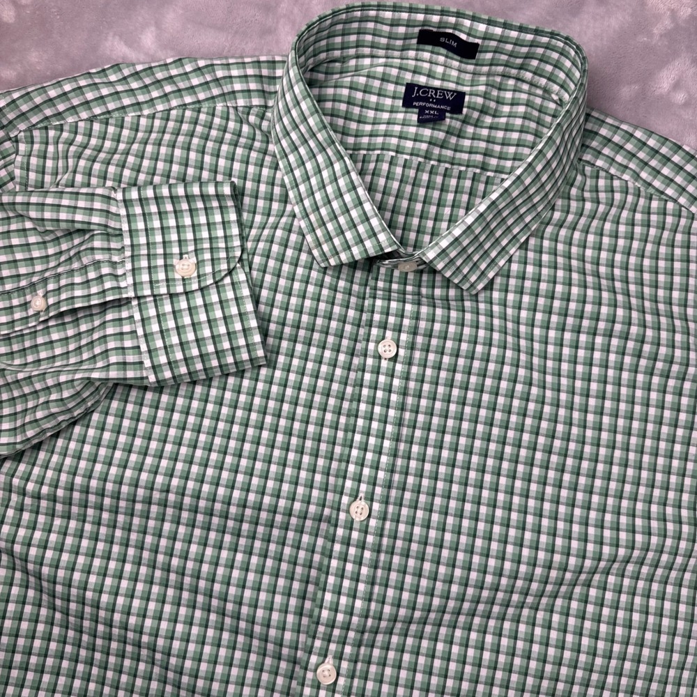 J. Crew Performance Slim Fit Gingham Button Down Shirt Mens XXL Green White